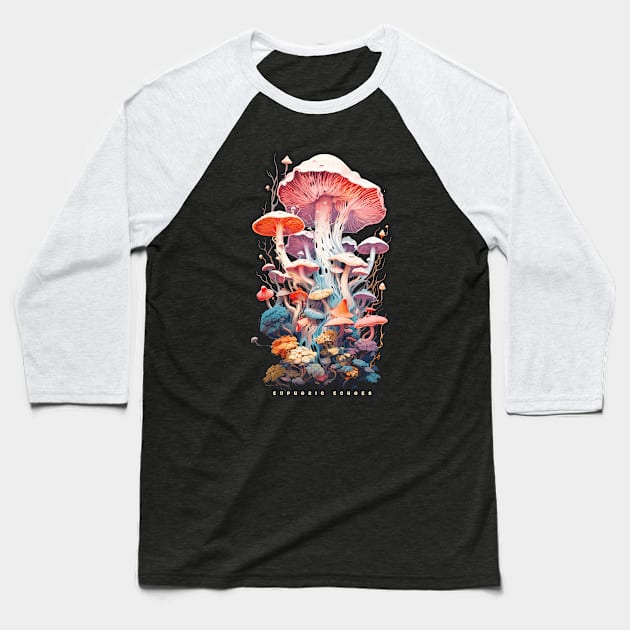 "Euphoric Echoes: Psychedelic Mushroom Wonderland" Baseball T-Shirt by Witchy Whisker Wonderland